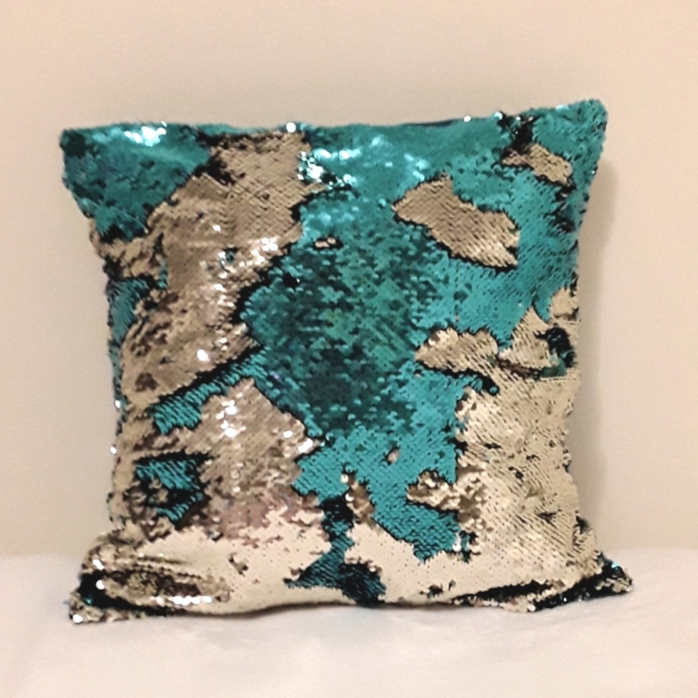 TEAL & SILVER SEQUINS SWIPE CUSHION COVER